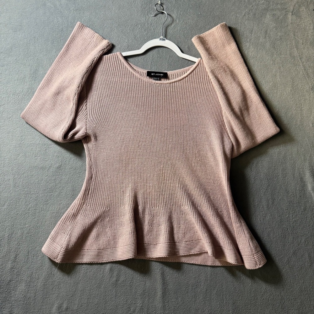 St. John By Marie Gray Pink Wool Blend Ribbed Peplum Long Sleeve Sweater Large
